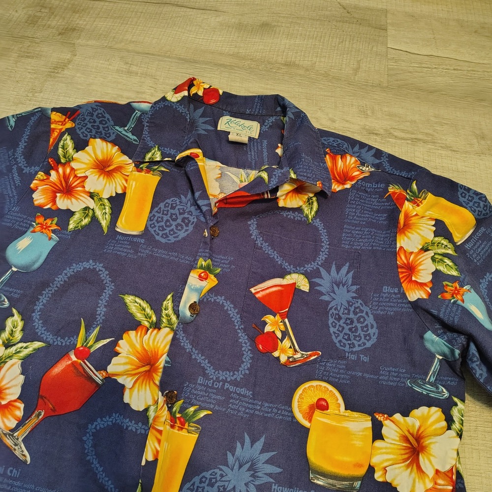 Kolekole‎ Hawaiian Shirt Mens XL Blue Cotton Cocktail Drink Recipes Made in USA